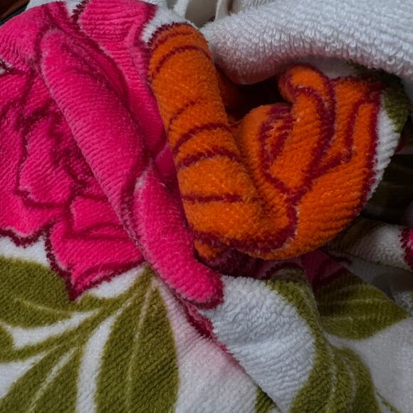 Vintage 60s Sun Glow Fuchsia Pink Orange Floral Bath Towel Set Pair Made in USA - Picture 12 of 13